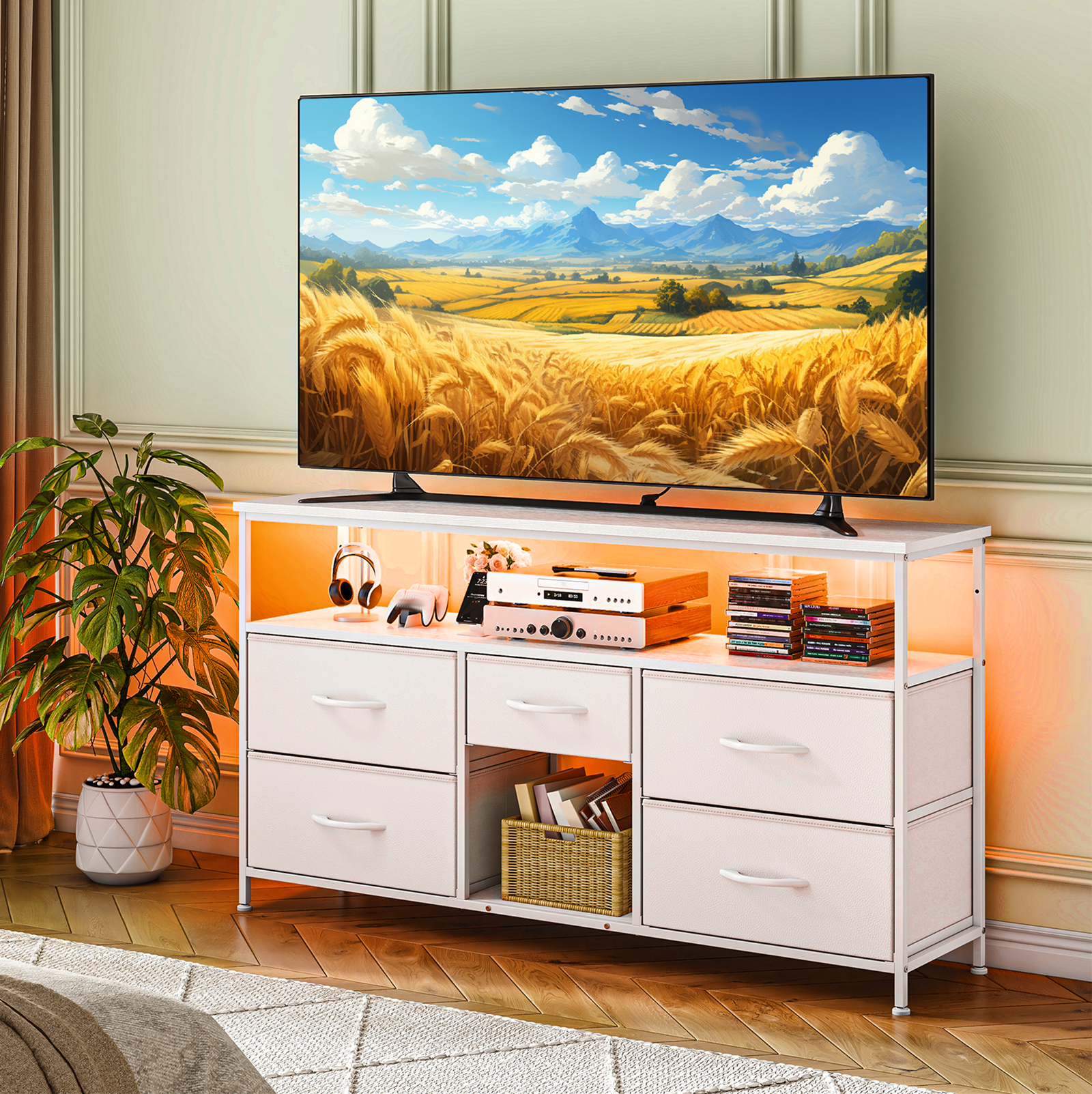 EnHomee White Dresser with 5 Drawers TV Stand for 50" Dressers for Bedroom with LED Lights & Power Outlets