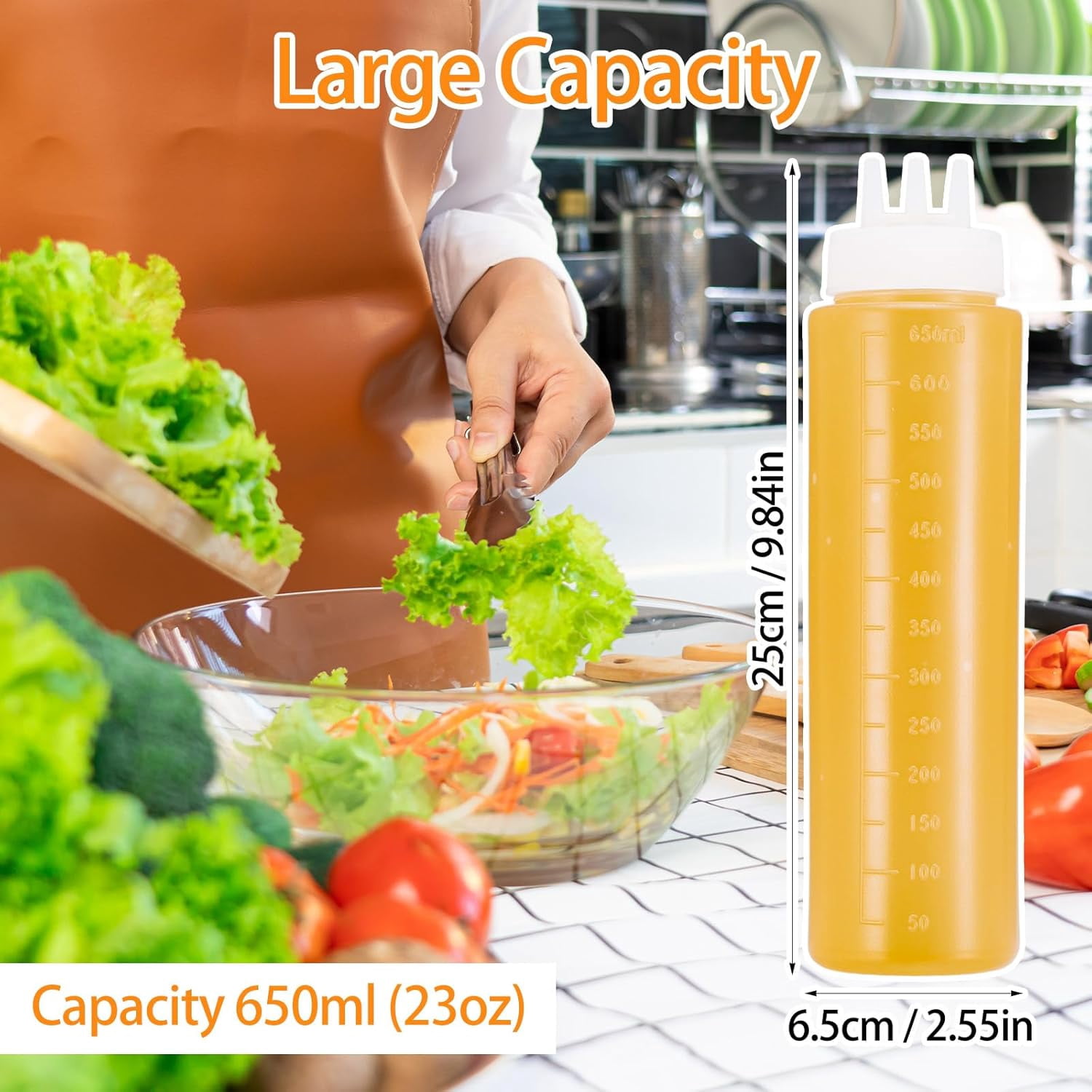 6 Pcs 23oz Plastic 3-Hole Condiment Squeeze Bottles, for Sauces Ketchup Mustard Dressing Oil Honey Syrup, White
