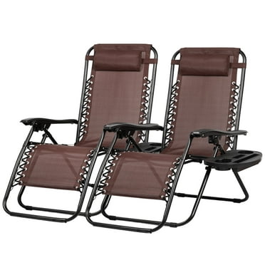 Nazhura Set of 2 Relaxing Charis Adjustable Steel Mesh Zero Gravity Lounge Chair Recliners with Pillow and Cup Holder Brown