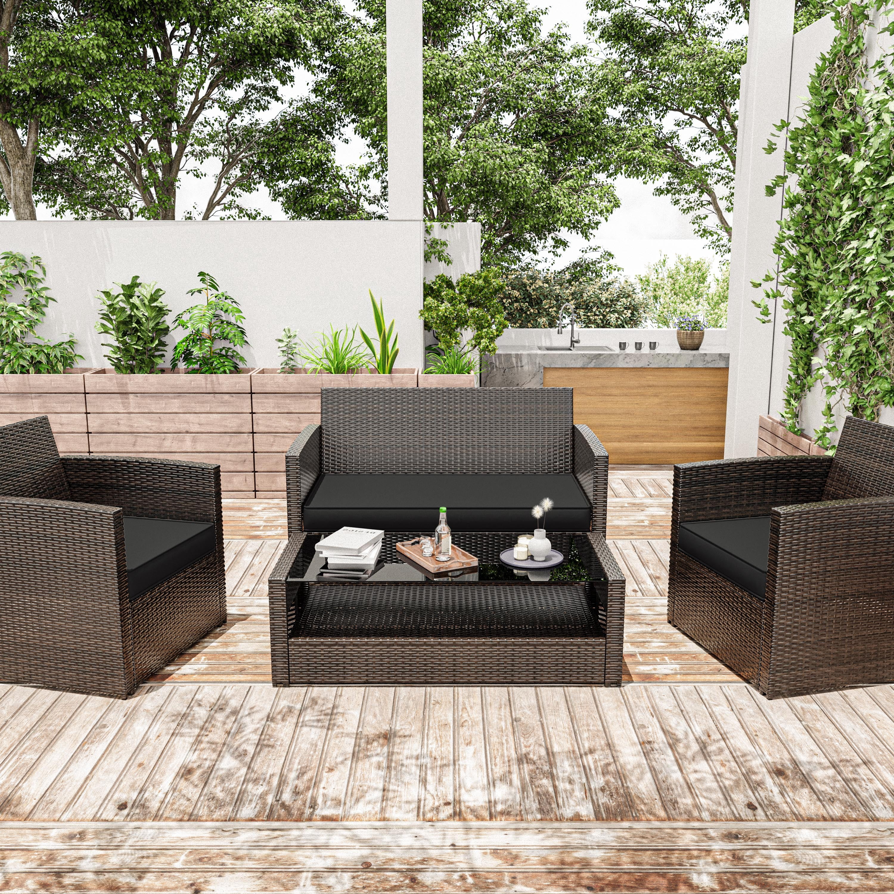 Snubbull 3 Pack Outdoor Replacement Cushions for 4-Seater Wicker Rattan Loveseat Sofa Chair Patio Furniture, 36 x 18 x 3,18 x 18 x 3, Black