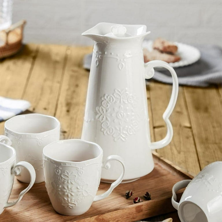 DanceeMangoo White Porcelain Mug with Handle, 8oz Drinking Cup Coffee Cup,  Vintage Embossed 