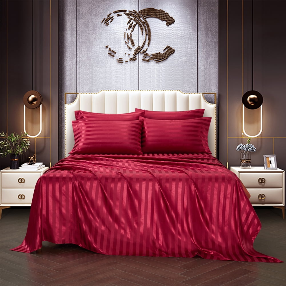 AiMay Italian Style  6 Piece Satin Bed Sheet Set Stripes Super Soft Deep Pocket 1800 Luxury Rich Silk 1 Flat Sheet 1 Fitted Sheet 4 Envelope Pillowcases Stain-Resistant Wrinkle Free (Queen, Burgundy)