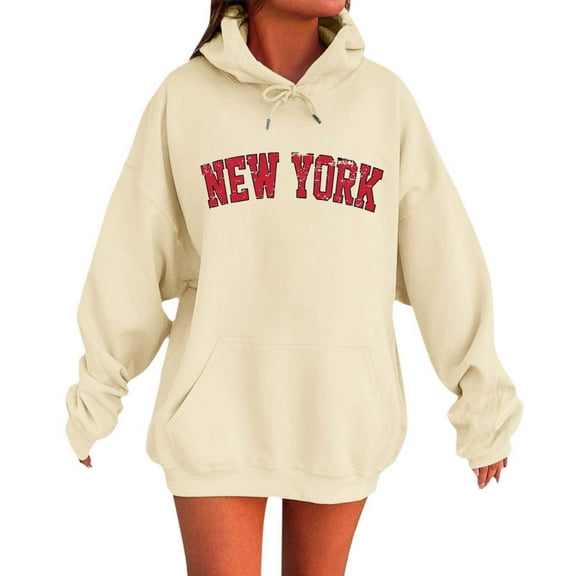 XIAONU Womens Hoodies Retro Letter Print Hooded Fleece Sweatshirt Peasure Long Sleeve With Pocket Drawstring Hoodie