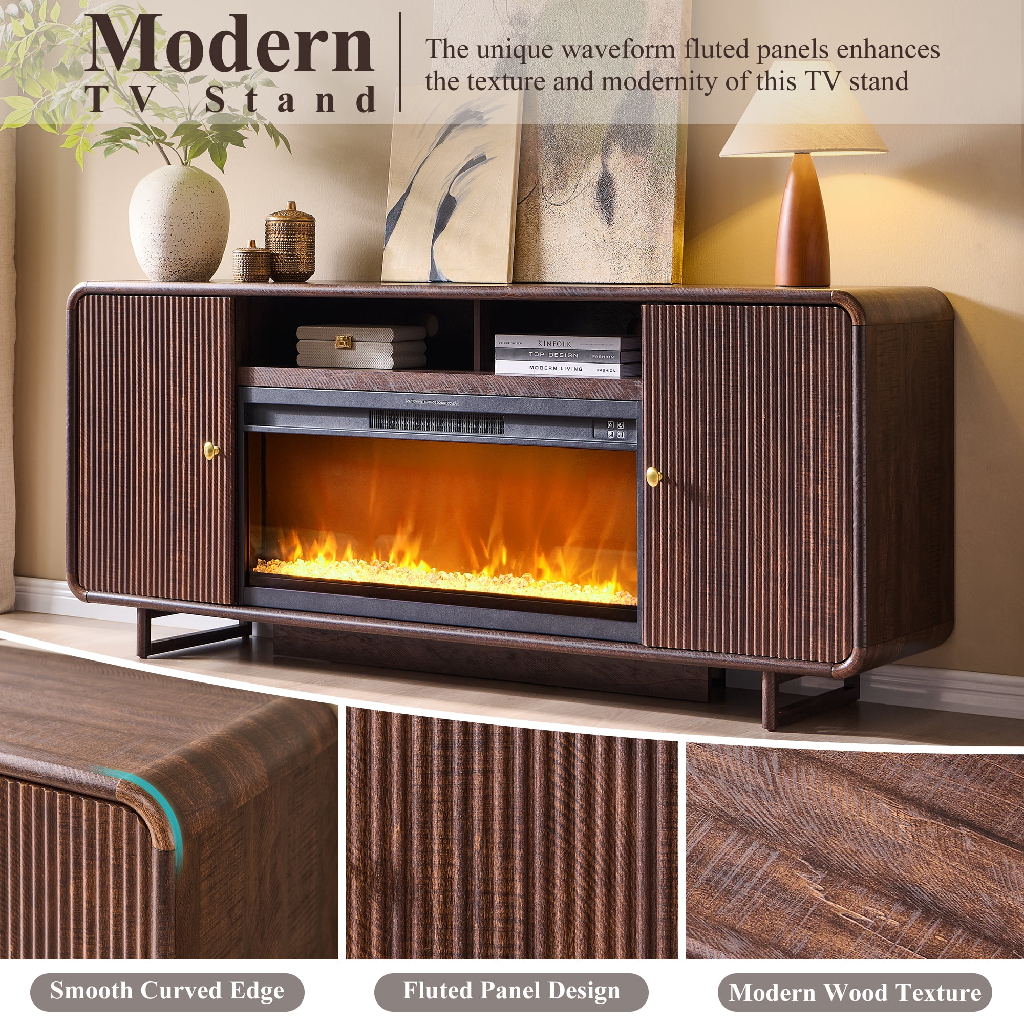 SinCiDo 70" Fluted Fireplace TV Stand for 80 Inch TV, Modern Entertainment Center w/36'' Electric Fireplace, Curved Profile Design for Living Room, Brown