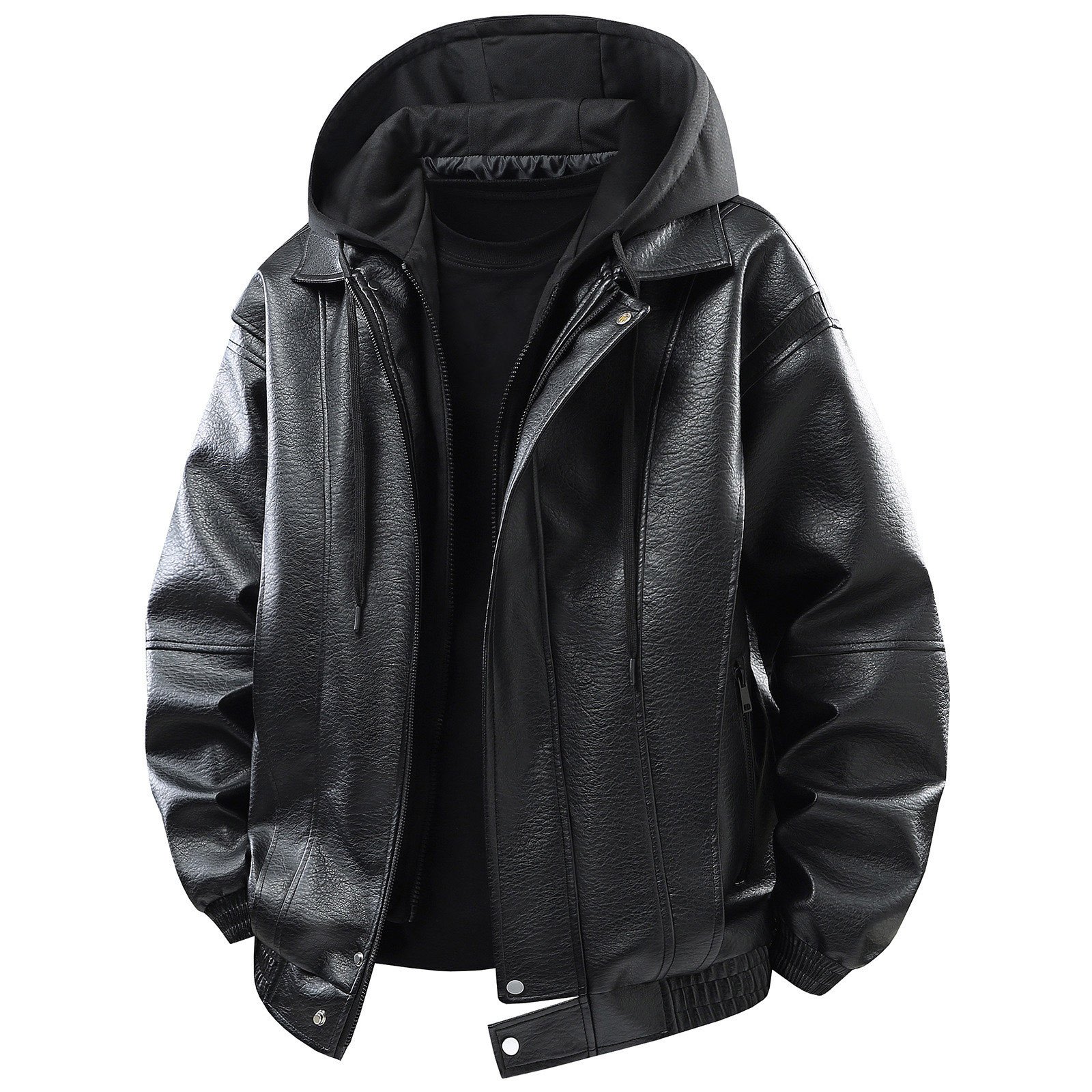 Wuxian Mens Casual Leather Jacket Slim Fit Full Zip Up Stand Collar Long Sleeve Lightweight Motorcycle Style Outerwear Coat With Pockets Stylish Cozy Daily Wear,Black,M
