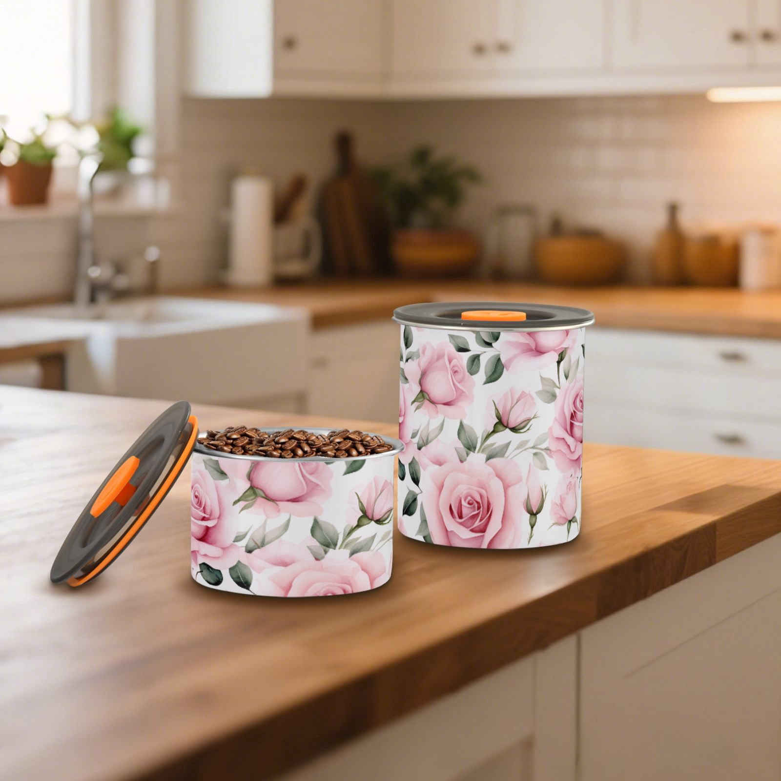 Pink Rose Flowers Airtight Coffee Bean Canister 30oz Food Storage Containers with Lids For Gournd, Tea, Sugar, Flour, Rice, Cereal, Candy Cookie Jar