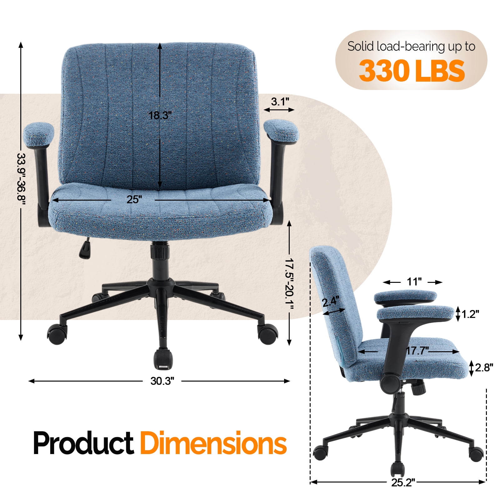 Ktaxon Office Chair, Flip-Top Armrest Desk Chair on Metal Star Base, Starry Chenille Vanity Chair with Adjustable Height & Swivel Wheels Blue