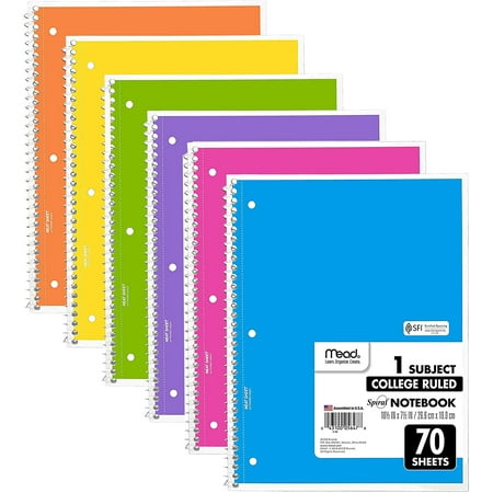 Mead Spiral Notebook, 6 Pack of 1-Subject College Ruled Spiral Bound Notebooks, Cute school Notebooks Pantone Colors, 70 Pages