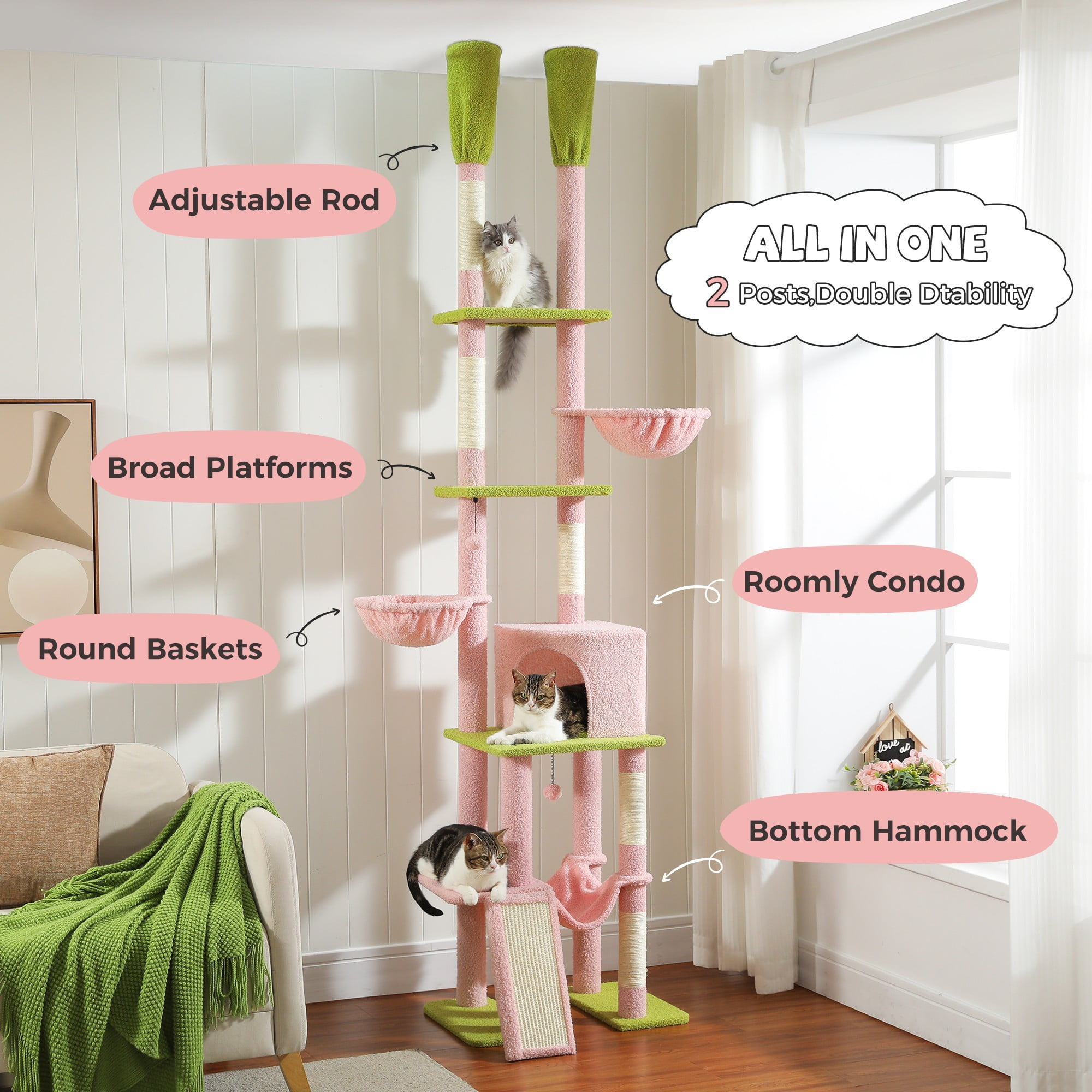 Pefilos Adjustable Height(85-112 in) Cat Tree Tower Floor to Ceiling with 7 Tiers Cat Climbing Activity Center, Cozy Hammocks, 5 Platforms for Indoor Cats, Pink Pefilos Adjustable Height(85-112 in) Cat Tree Tower Floor to Ceiling with 7 Tiers Cat Climbing Activity Center, Cozy Hammocks, 5 Platforms for Indoor Cats, Pink