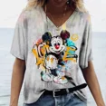thumbnail image 3 of Camiseta de verano 2024 con estampado de Mickey Mouse de Disney, pintura abstracta en 3D, cuello en V para mujer, camiseta holgada informal de calle multicolor para niña, 3 of 5