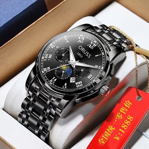 Men's Quartz Watch Automatic Watch Men's Tungsten Black Waterproof Calendar Korean Version Internet Celebrity Fashion Business Wristwatch Men's Watch