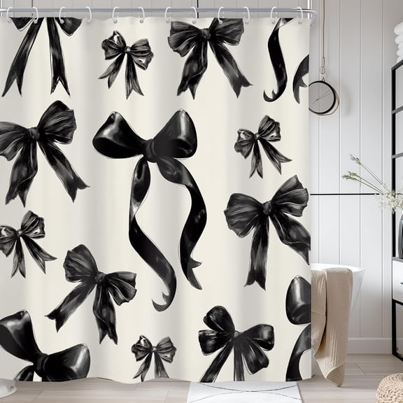 Moderong Black Bow Shower Curtain Girly Elegant Groovy Retro Preppy Modern Fashion Pretty Sweet Aesthetic 72Wx72H Inch for Girls Women Fabric Decor Bathroom Polyester Waterproof 12 Pack Hooks