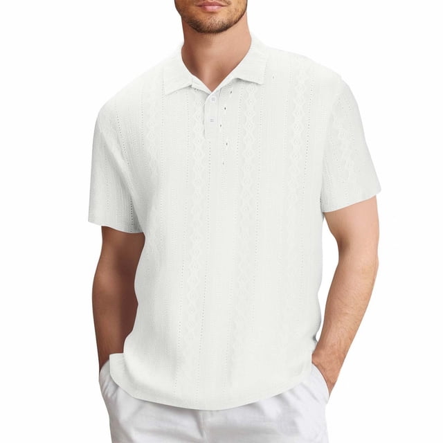 Blusa y camisa de manga corta con cuello vuelto para hombre, color liso, informal, holgada, con botones, de poliéster