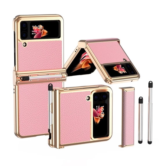 MonsDirect for 6.7 inch Samsung Galaxy Z Flip 3 5G 2021 Case with A Capacitance Pen, Two Hinge Protection Plating PC Frame Leather Grain Shockproof with S Pen Holder for Galaxy Z Flip 3, Gold Pink