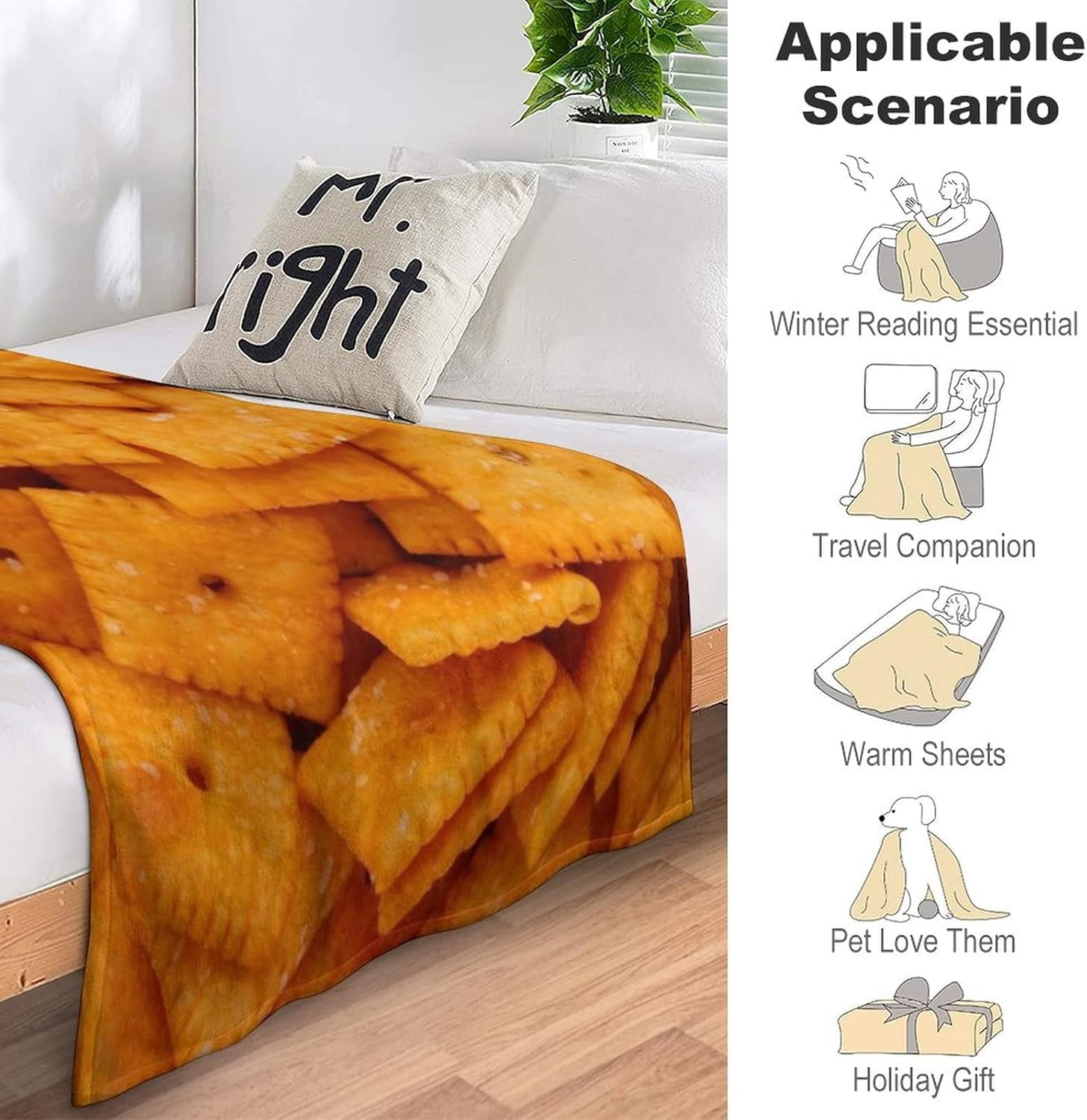 3D Funny Realistic Food Cheese Cracker Flannel Fleece Throw Blankets 50"X40" Soft Cozy Fluffy Winter Fall Blanket Cozy Soft Fuzzy Plush Home Decor for Couch Bed Sofa Living Room Bedroom