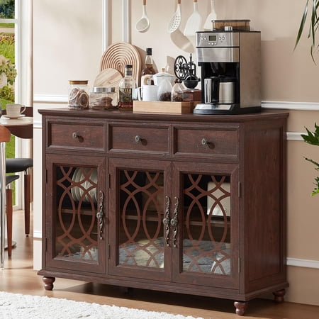 Sideboard Buffet Cabinet with Storage Kitchen Storage Cabinet with Glass Doors 48 Wide Buffet Table Coffee Bar for Dining Room Living Room Walnut