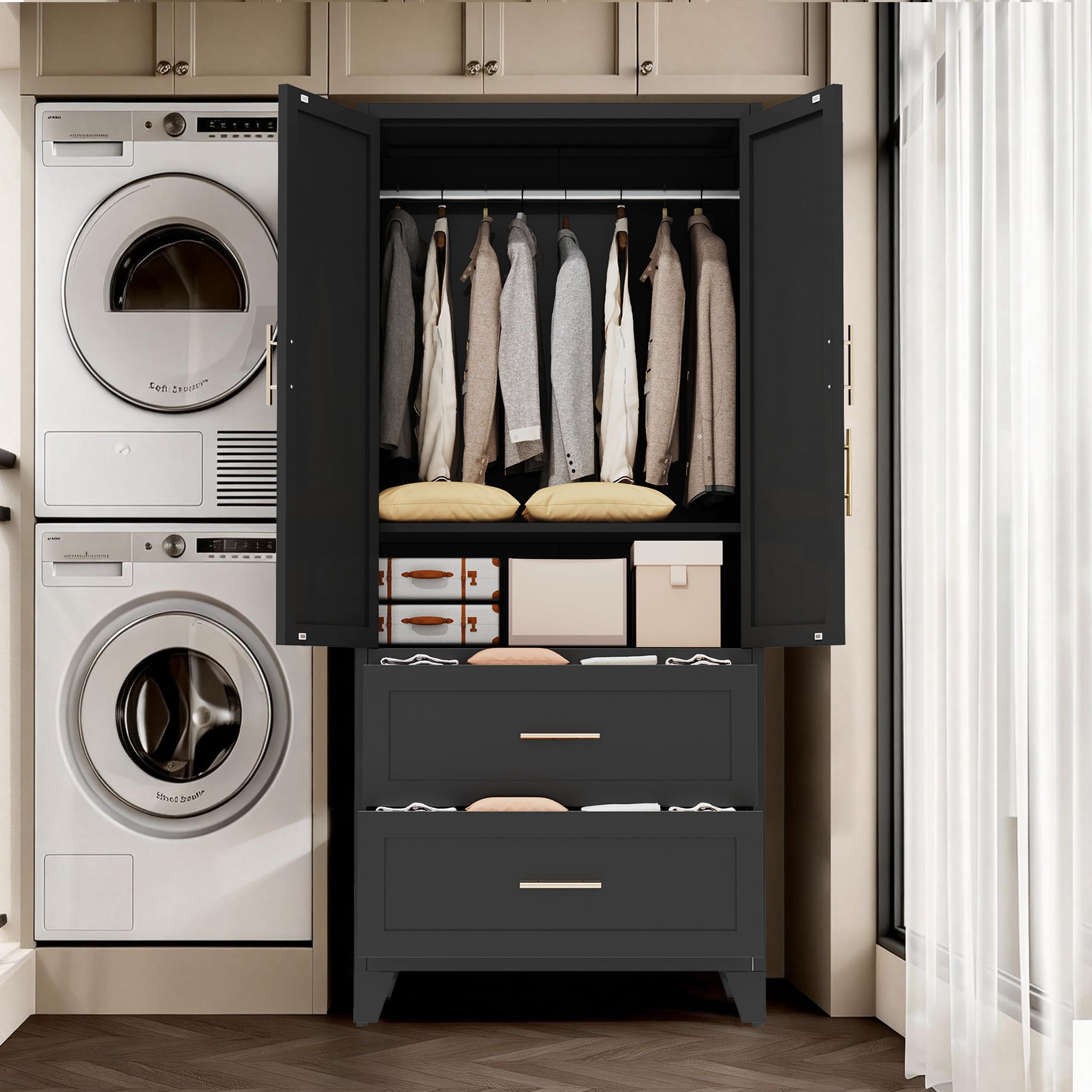 Metal Wardrobe Cabinet 71"H, 2 Drawers with Hanging Rod and Shelf, 2 Doors Storage Closet Organizer for Bedroom Office Laundry Room Entryway Foyer Guesthouse, Black