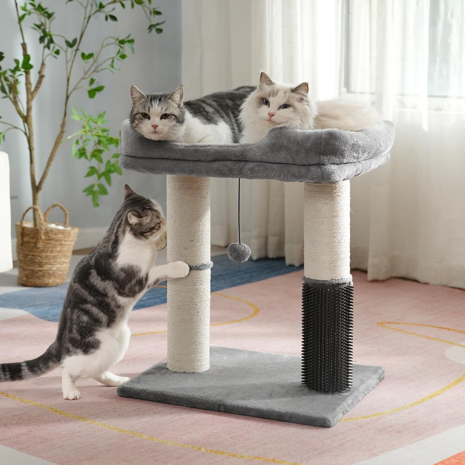 Cat Tree Tower for Large Cats Cat Scratching Post with Cat Self Groomer,Top Bed, Thick Scratch Post Danging Ball Great for Indoor Cats