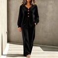 thumbnail image 2 of Women's Casual Velvet Two Piece Set V Neck Button Long Sleeve Top and Wide Leg Pants Soft Loungewear Outfit for Daily Home Wear Black, 2 of 7