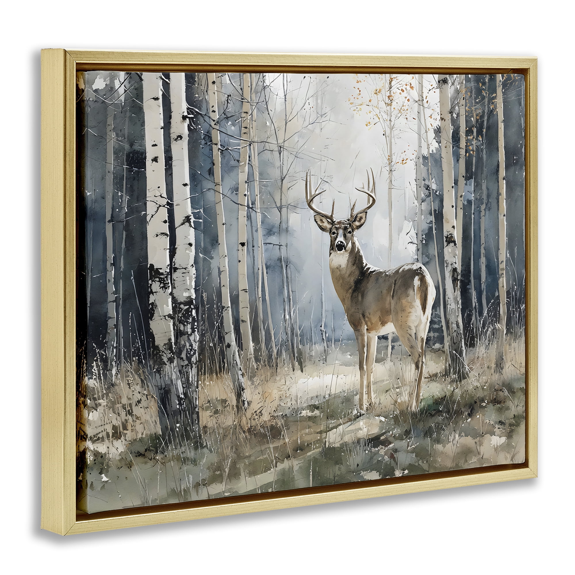 Stupell Industries Lone Stag in Birch Forest Gold Framed Floater Canvas Wall Art, design by Franklyn Gregory