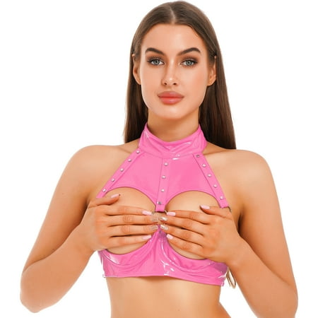 Doomiva Women s Hollow Out Wet Look Patent Leather Shiny Glossy Bra Bustier Turtle Neck Backless Tank Hot Pink L