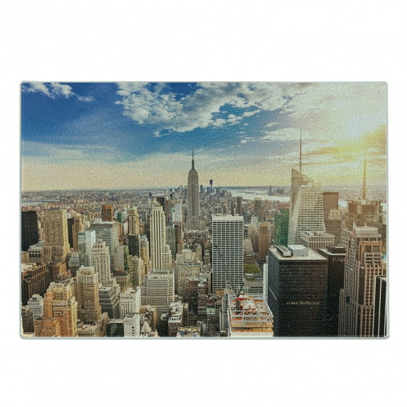 NYC Scene Cutting Board, City Empire State Building Busy Urban Metropolitan Setting Photo, Decorative Tempered Glass Cutting and Serving Board, in 3 Sizes, by Ambesonne
