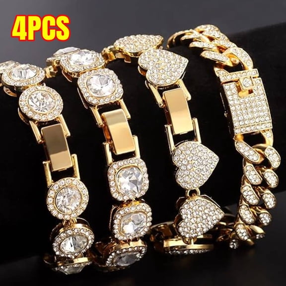4PCS Gold Bracelets Set for Women Clustered Tennis Bracelet for Women Heart Round Diamond Cuban Bracelet Layered Link Bracelet Set