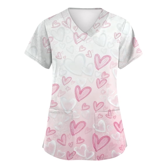 Valentine Day Scrubs for Women V Neck Medical Short Sleeve Cute Scrub Tops Love Heart Print Plus Size Nursing Uniforms with Pockets Light pink 4XL