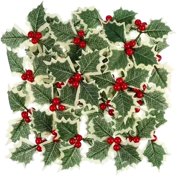 50Pcs Artificial Holly Berries With Green Leaves DIY Christmas Fake Berry Stems for Xmas New Year Festival Decorations