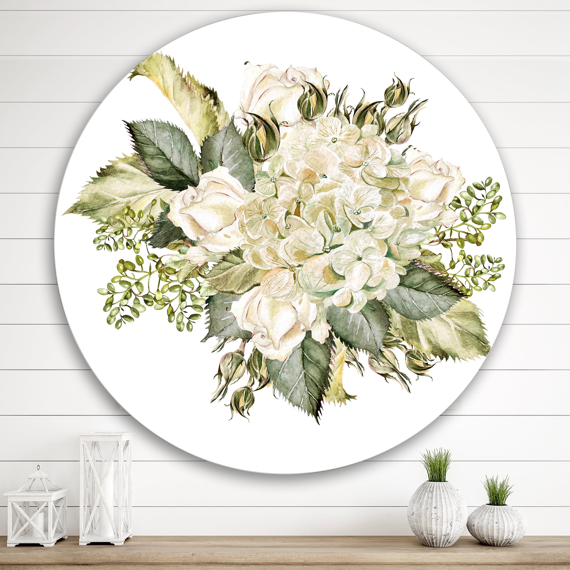 Designart 'Beautiful Bouquet With Roses and Hudrangea' Farmhouse Circle Metal Wall Art 29x29 - Disc of 29