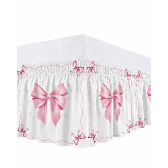 Cute Pink Bow Bed Skirt King Size 18 Inch Drop, Pink Ribbon Day Mother's Day Valentine's Day Adjustable Elastic Dust Ruffles Bedskirt for King Bed Wrap Around Pleated Mattress Frame Cover
