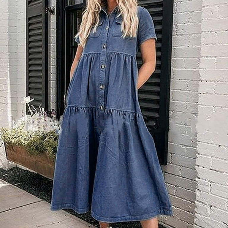 Fesfesfes Spring Dresses for Women Round Neck Buttoned Denim Dress Loose  Short Sleeve Shirt Dress With Lapel Collar Denim Dress