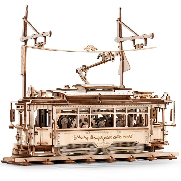 ROKR 3D Wooden Puzzles Model Car Kits for Adults to Build - Wooden Toy Tram Train Set with Railway - Wood 3D Puzzles for Adults - Gift Idea for Christmas Father's Day Birthday