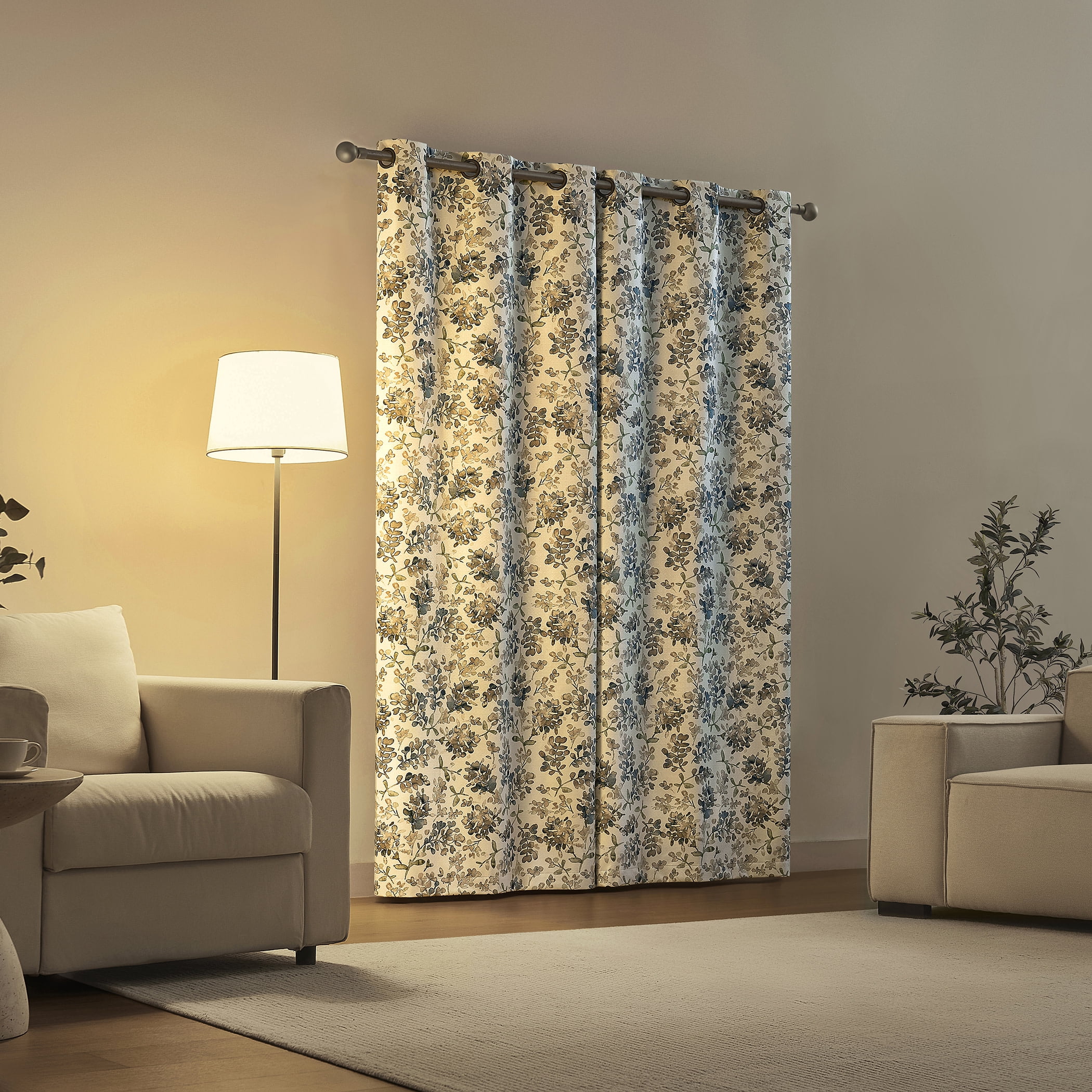 Sun Zero Bryant 2-Piece Textured Thermal Insulated Floral 100% Blackout  Grommet Top Curtain Panel, Blue Floral, 37”W x 108"L