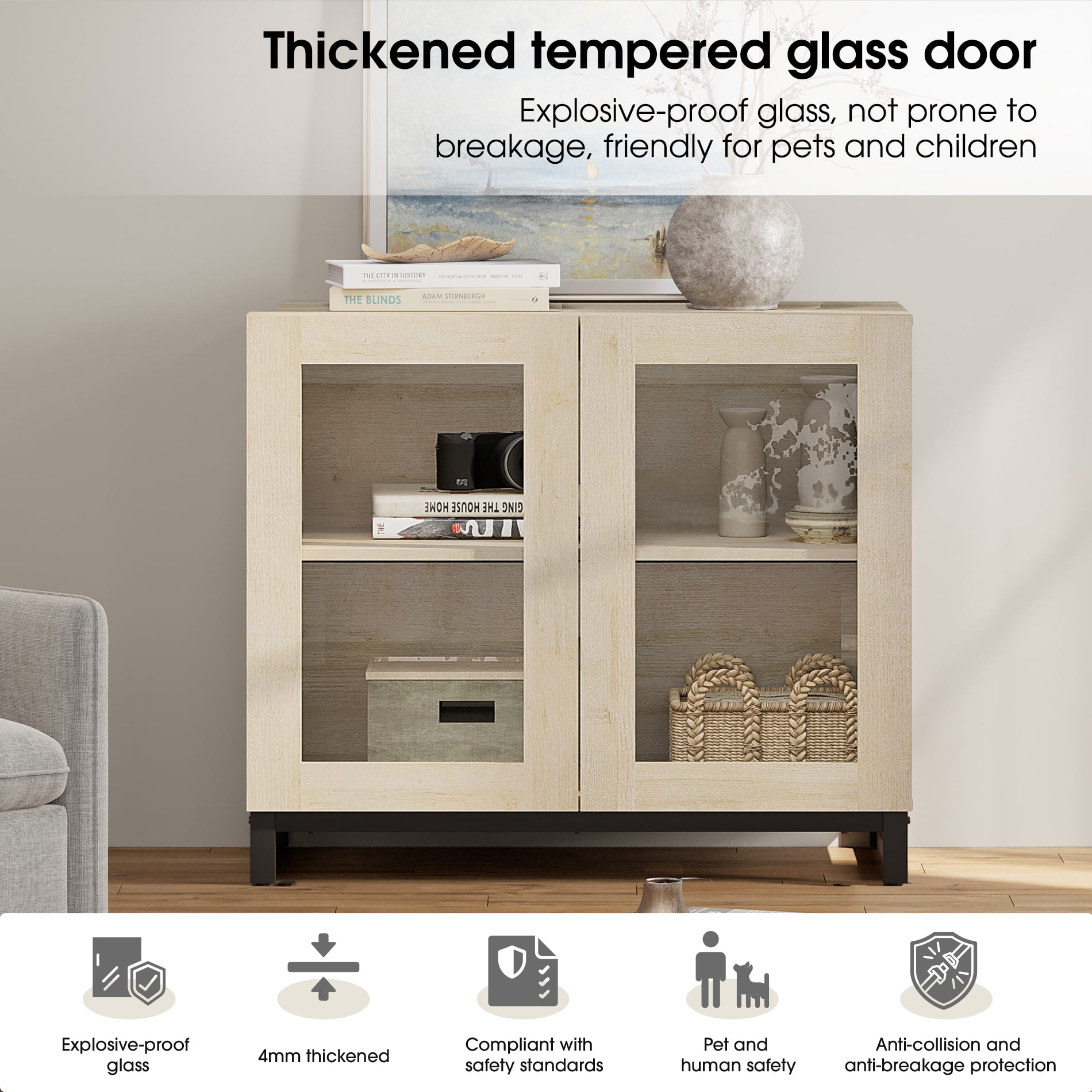 WAMPAT 3-Piece Modern 72" Tall Library Bookcases with Glass Doors & Adjustable Shelves, Wood Bookshelves with Storage Cabinet & Open Shelves for Home Office & Living Room, Beige