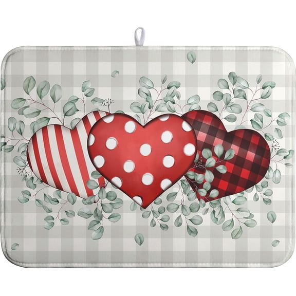 Valentines Day Dish Drying Mat Valentine Buffalo Plaid Eucalyptus Hearts Dishes Dryer Pad for Kitchen Countertops Microfiber 18x24 Inches