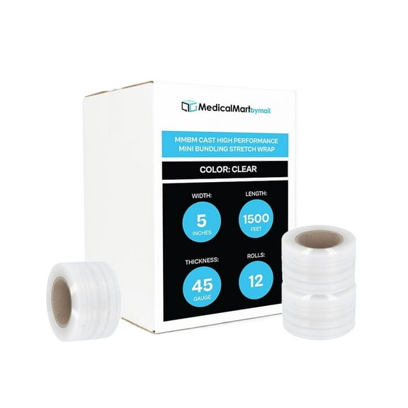 MMBM Mini Stretch Wrap with Handle 5" x 1500' 12 Rolls 45 Gauge Clear High Performance Film for Packaging