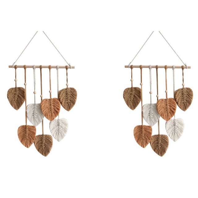 2X Chic Boho Macrame Decoración de pared Borlas de hilo hechas a mano Arte de pared tejido Tapiz de hojas Decoración bohemia, C