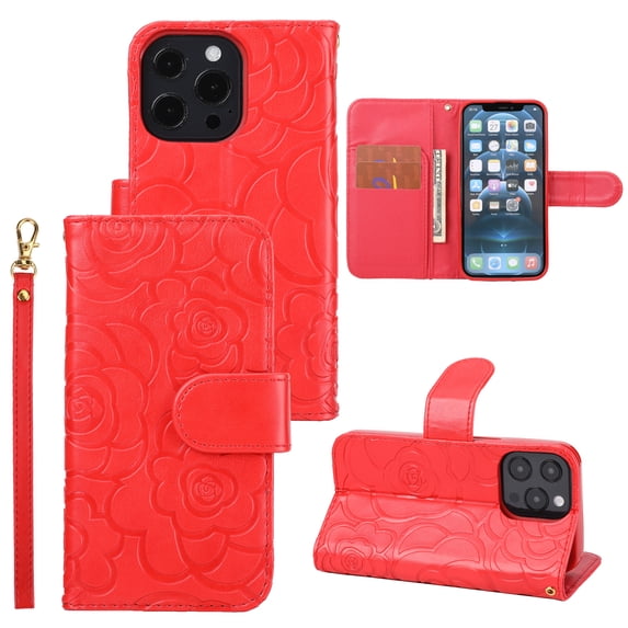 Nalacover Wallet Case for iPhone 14 Pro Max, Camellia Pattern Premium Elegant PU Leather Wrist Strap Shockproof Flip Cover with Card Slots Holder Magnetic Clasp Kickstand Bracket Folio Case, Red