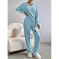 thumbnail image 3 of Womens Ribbed Knit 2 Piece Sets Long Sleeve Sweater and Wide Leg Pants Loungewear Pajamas Set Blue S, 3 of 7
