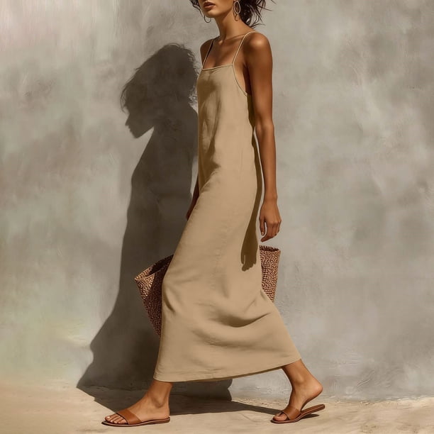 HOMBOM Womens Maxi Slip Dresses Cotton Linen Loose Summer Spaghetti Straps Sleeveless Everyday Tank Dress for Young Women
