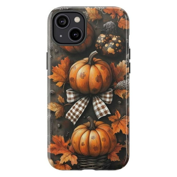 Autumn Pumpkin Phone Case with Gingham Bow & Fall Leaves Design for iPhone 16 15 14 13 12 Pro Max Mini