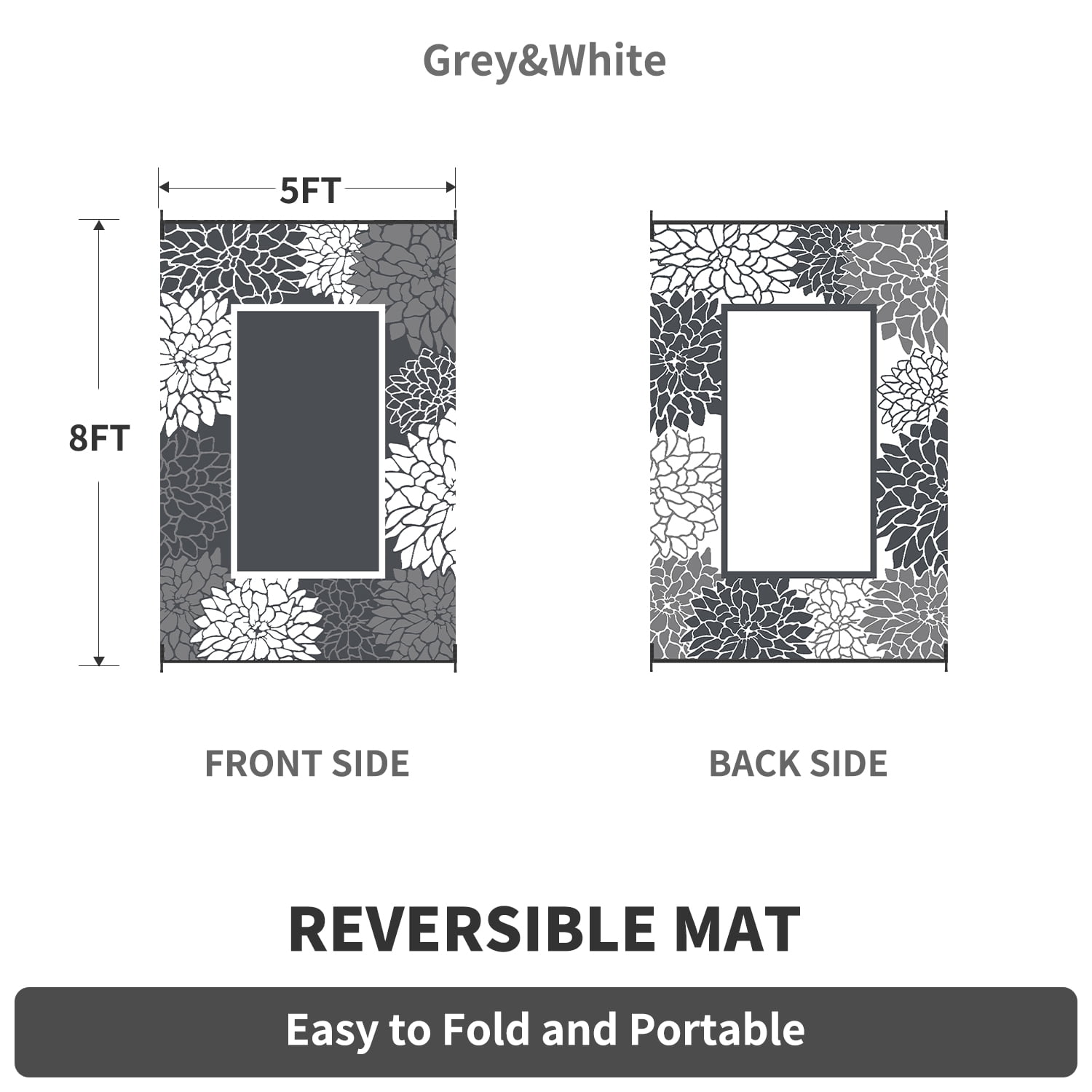 SIXHOME Outdoor Rug 5'x8' Waterproof Reversible Patio Rug Floral Border Plastic Straw Indoor Outdoor Rug for RV Camping Garden Picnic Beach Deck Backyard Porch Decor Dark Grey and White