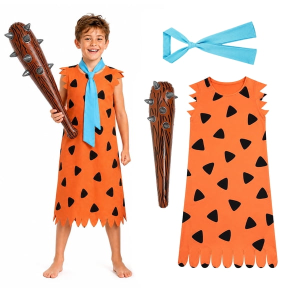 Bulex Caveman Costume for Kids, Orange Sleeveless Tunic Outfits with Tie & Inflatable Stick for Halloween Cosplay Party Dress-Up