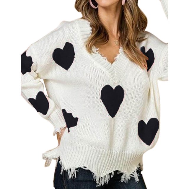 Womens Sweaters Valentine's Day Hearts Print Pullover Sweater Casual