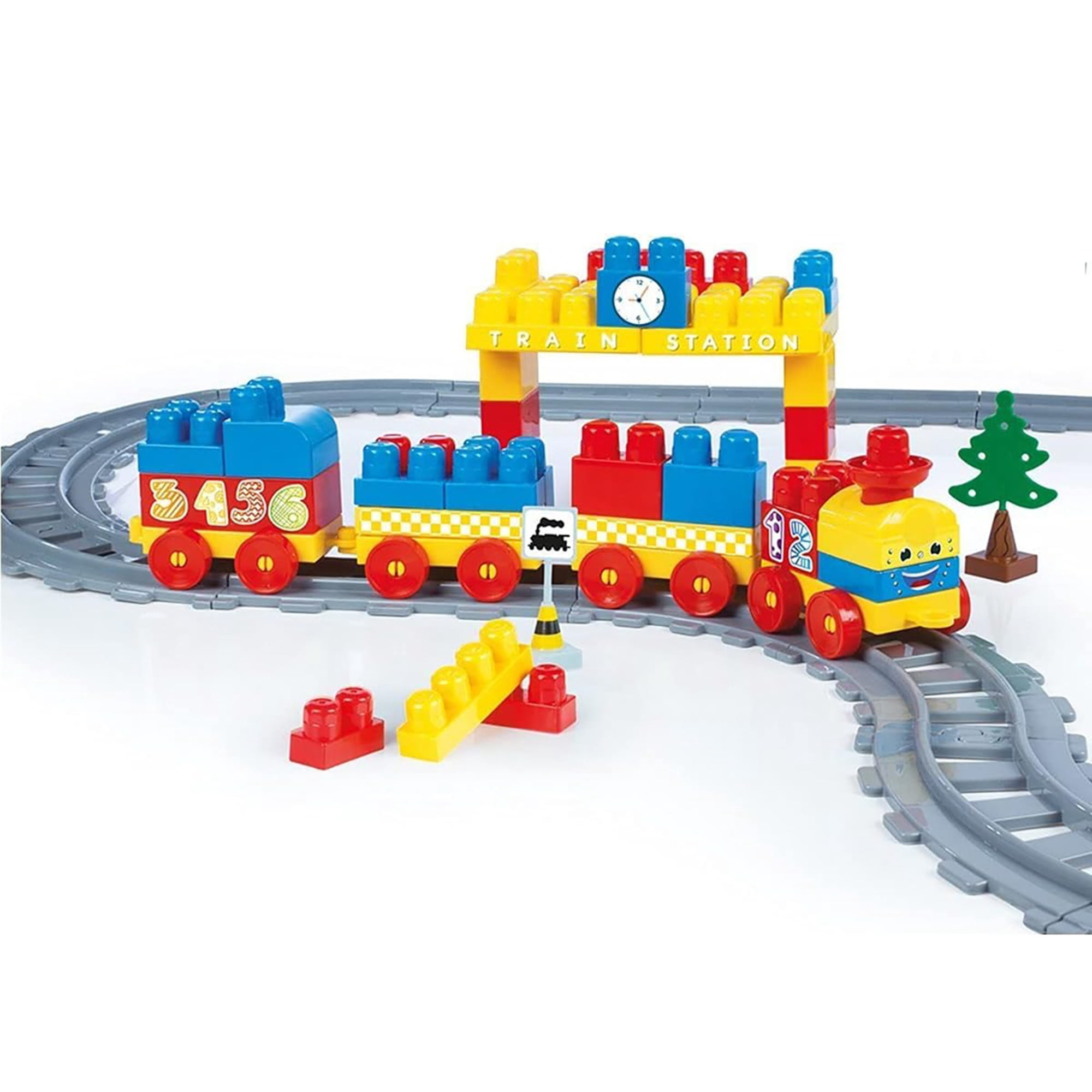 Dolu: Train Set - 89 Pcs - Blocks Assembly Station & Tracks, Yellow-Red-Blue, Push Train, Interactive Brick Building Toy, Toddler & Kids Ages 18mo+