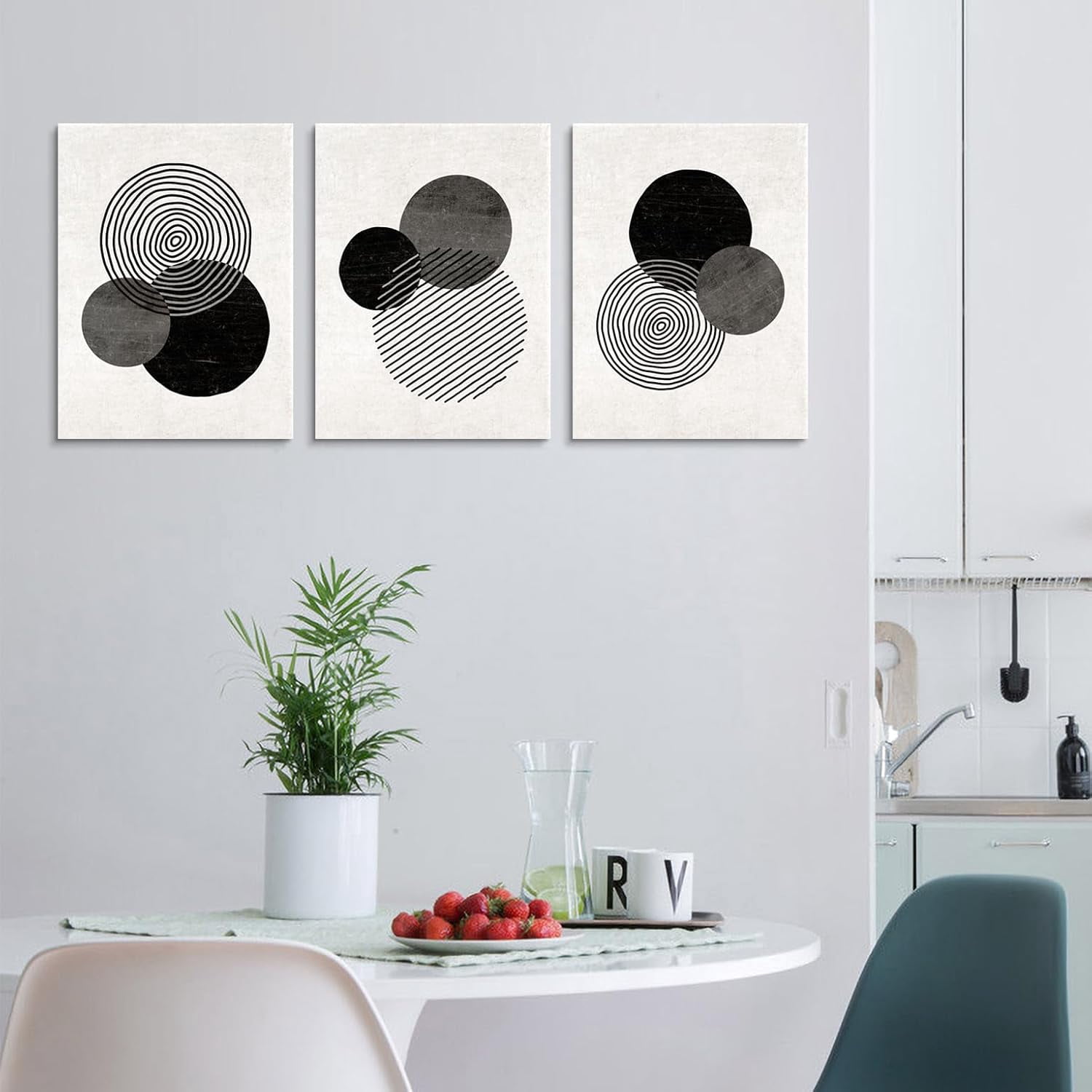 Black and White Wall Art Canvas Set Mid Century Boho Pictures Modern Geometric Lines Rounds Wall Decor Minimalist Bohemian Abstract Painting Artwork for Living Room Bedroom Office 12"x16"x3Pc