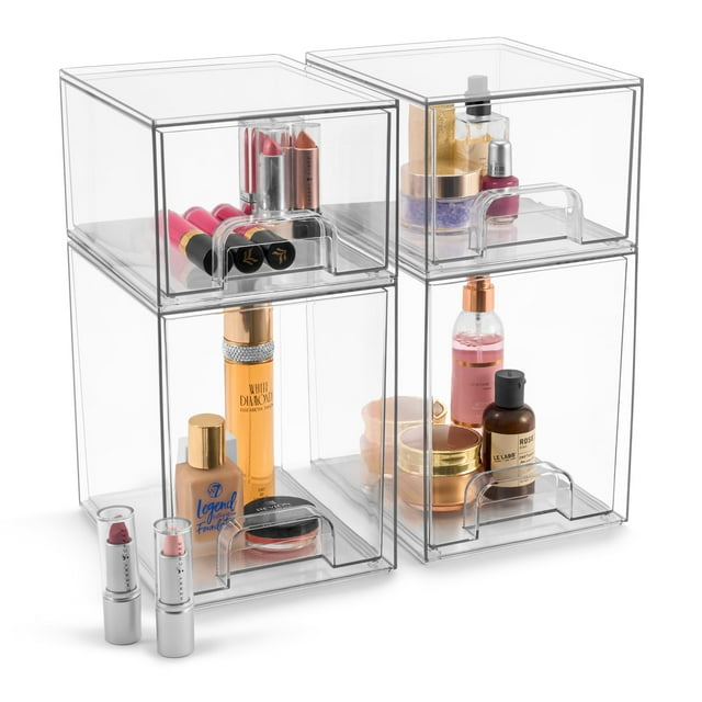 Sorbus Juego de 4 Contenedores Organizadores de Almacenamiento Apilables de Acrílico para Baño, Maquillaje y Más con Cajones Extraíbles, Transparentes