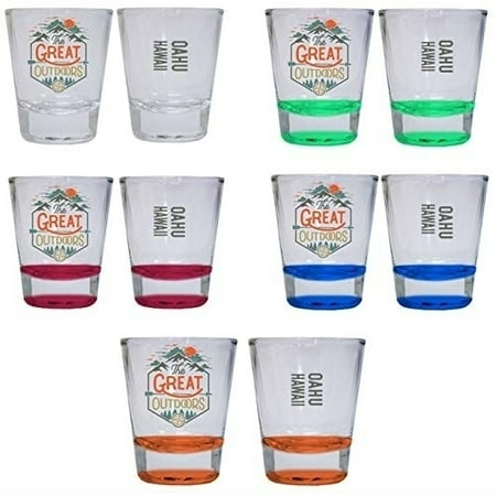 

Oahu Hawaii The Great Outdoors Camping Adventure Souvenir Round Shot Glass (4-Pack One of Each: Red Blue Orange