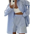 thumbnail image 3 of 2 Pieces Suit Set, Female Striped/ Plaid Turn-Down Collar Long Sleeve Shirt+ Short Pants for Summer, S/M/L/XL, 3 of 4